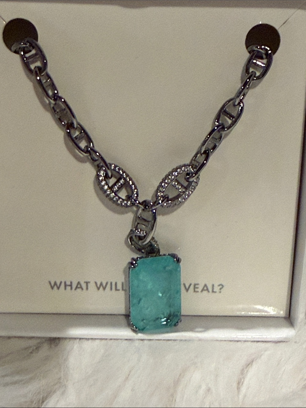 BOMB PARTY - Silver-Tone Necklace with Aqua Rectangular Pendant
